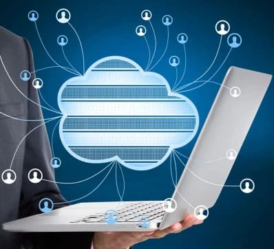 Laptop connected to cloud hosting and users