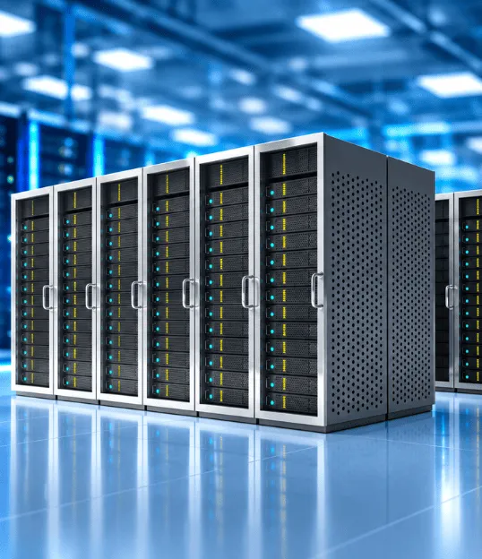 Rows of server racks in a modern data centre